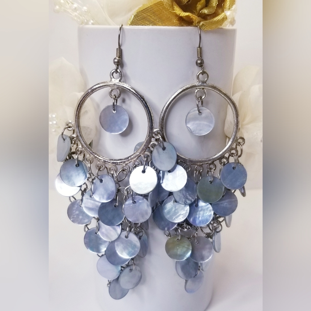 Cascading Pale Blue Abalone Silver Chandelier Earrings